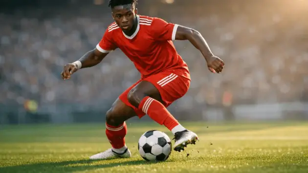 Michael Olise dribbling in Bayern Munich kit on football pitch