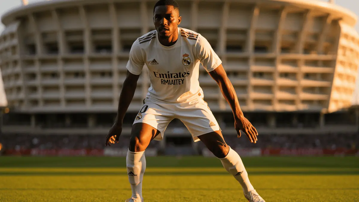 Antonio Rüdiger in Real Madrid kit at Santiago Bernabéu Stadium in defensive stance