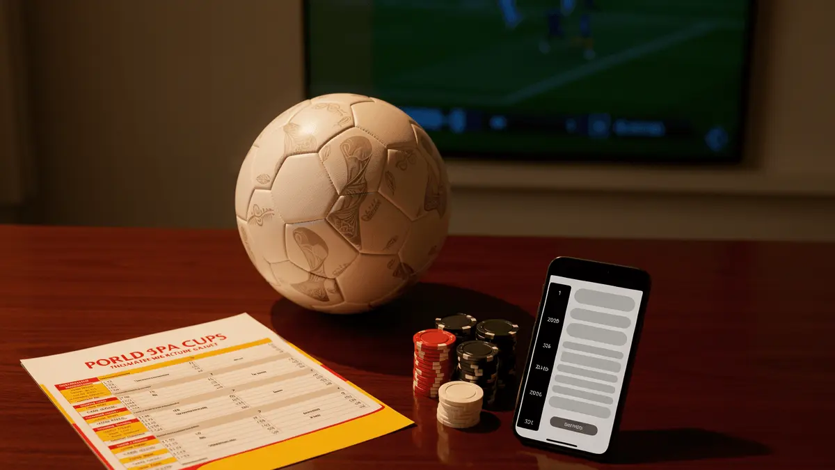 2026 FIFA World Cup football with trophy design next to betting chips and match program on table