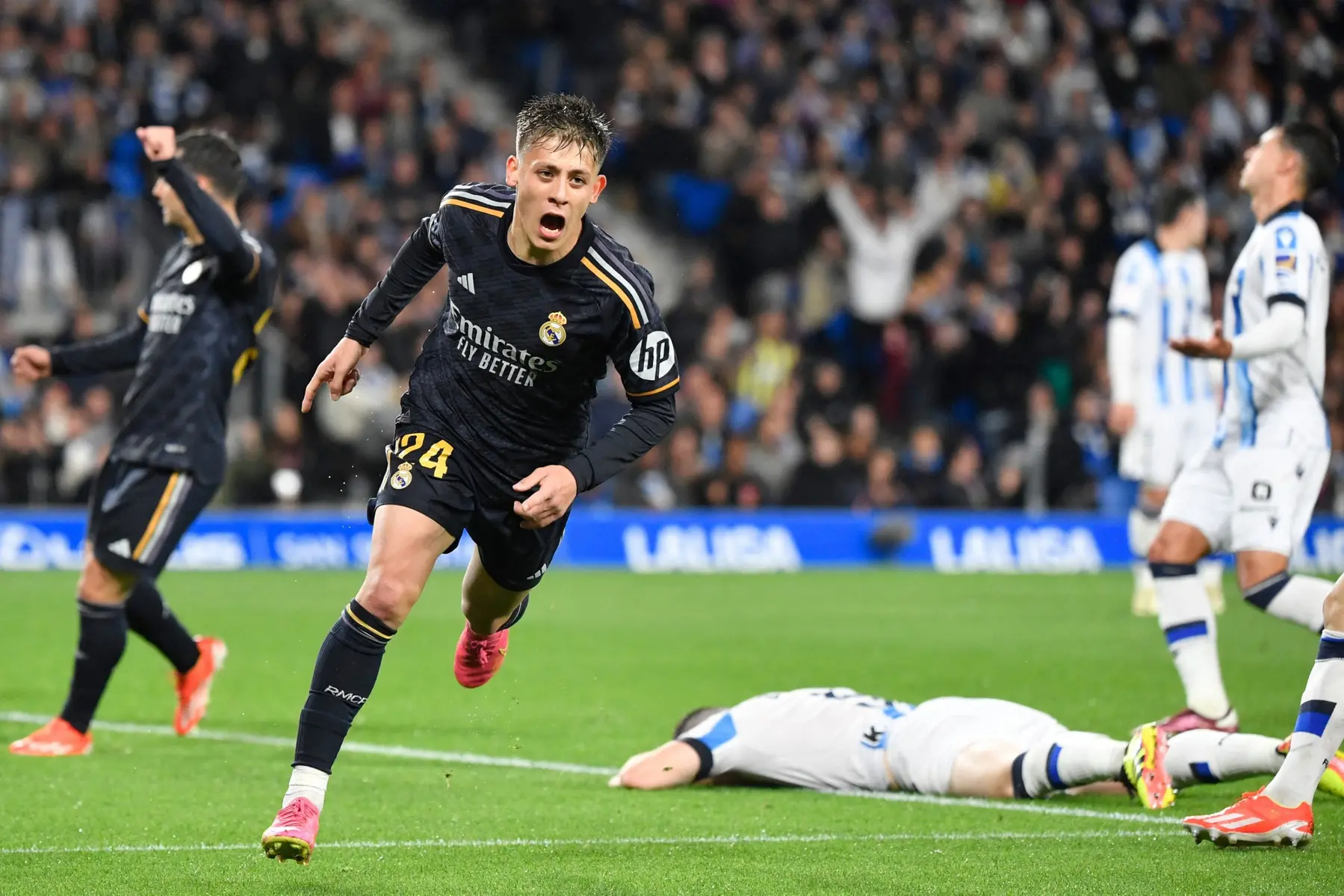 Arda Güler celebrating a goal for Real Madrid during a match against Real Sociedad.