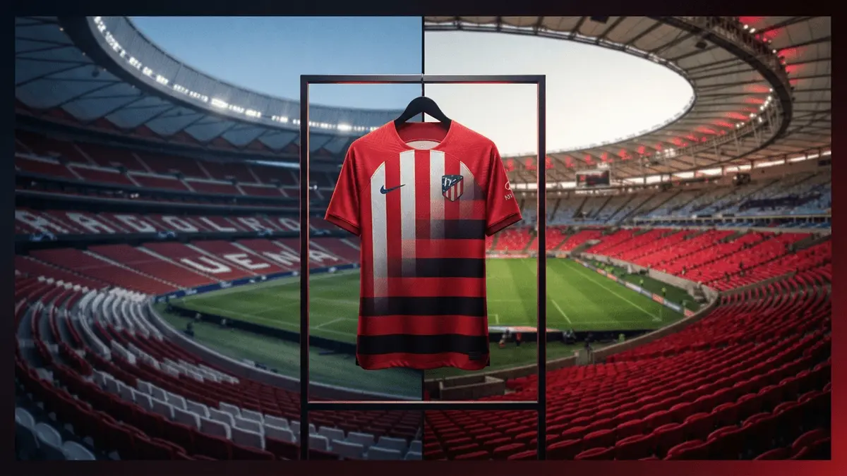 Atletico Madrid and Flamengo stadium atmospheres with football jerseys representing Thiago Almada's transfer