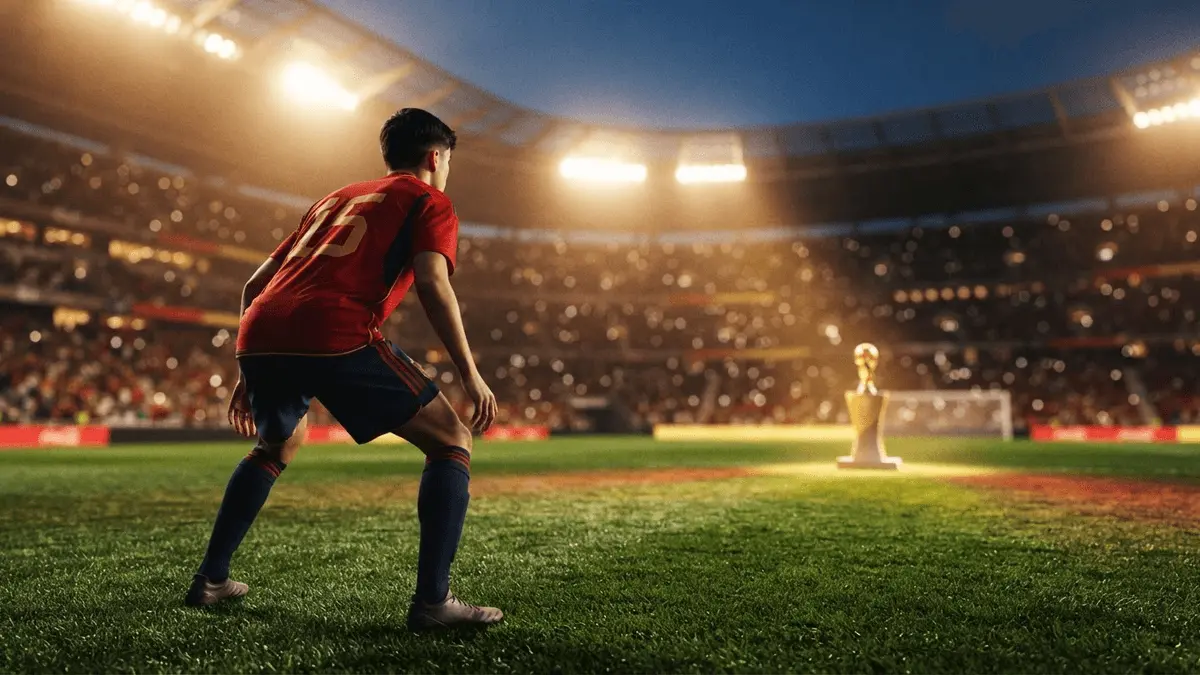 Spanish defender in red jersey on World Cup pitch with trophy in background, celebrating championship victory