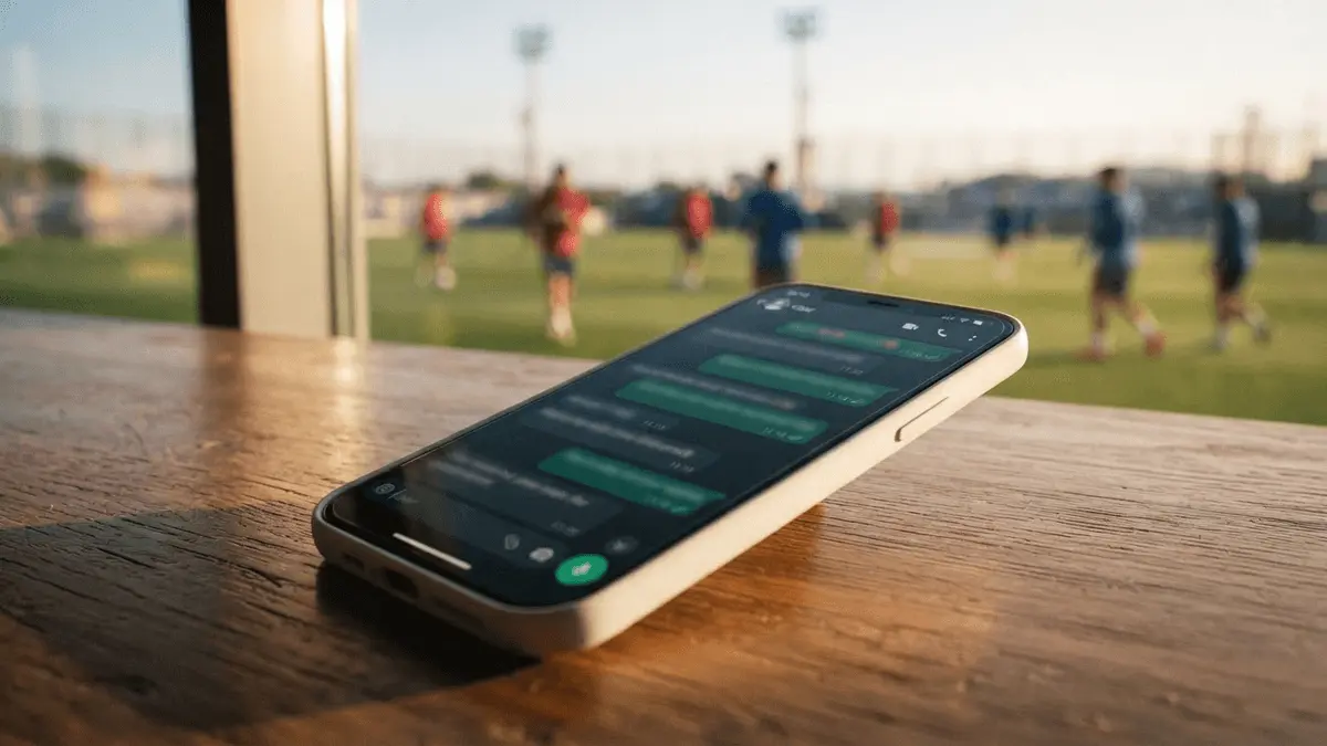 Smartphone with messaging app on desk with football training ground in background