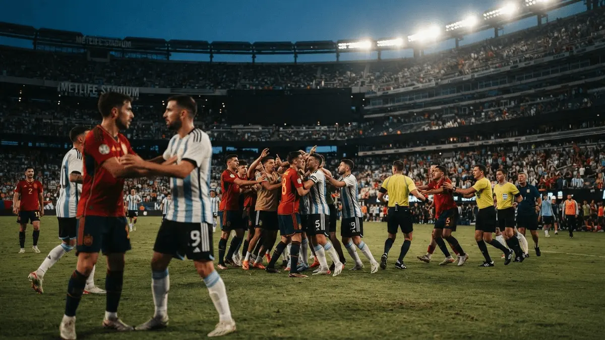 Post-match tension between Spain and Argentina players after 2026 World Cup final at MetLife Stadium