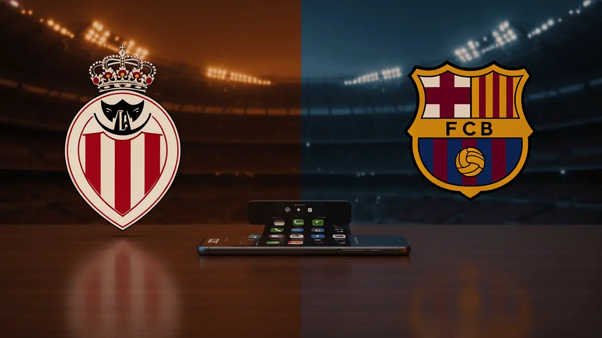 Tense split composition showing Atlético Madrid and Barcelona stadiums divided, with unanswered phone symbolizing transfer standoff