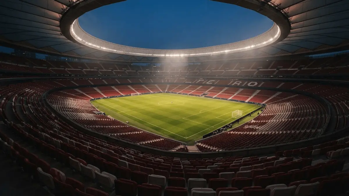 Atletico Madrid's Metropolitano stadium interior with red seats and floodlit pitch at dusk