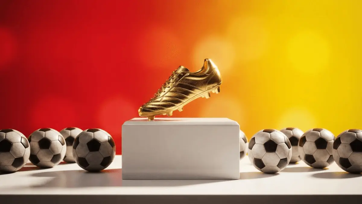 Golden soccer boot trophy with ten footballs on white pedestal against red and yellow gradient background
