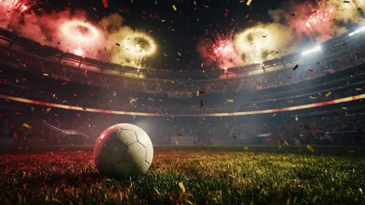 MetLife Stadium pitch under floodlights with red and yellow confetti celebrating Spain's World Cup victory