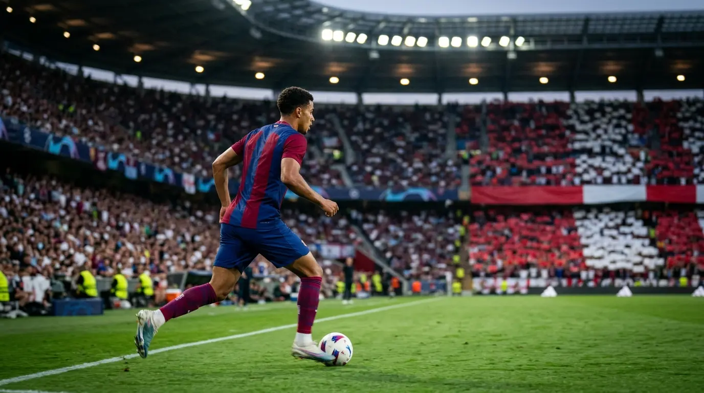 Young Barcelona-style left-back running during a transfer saga with competing European stadium sections behind him