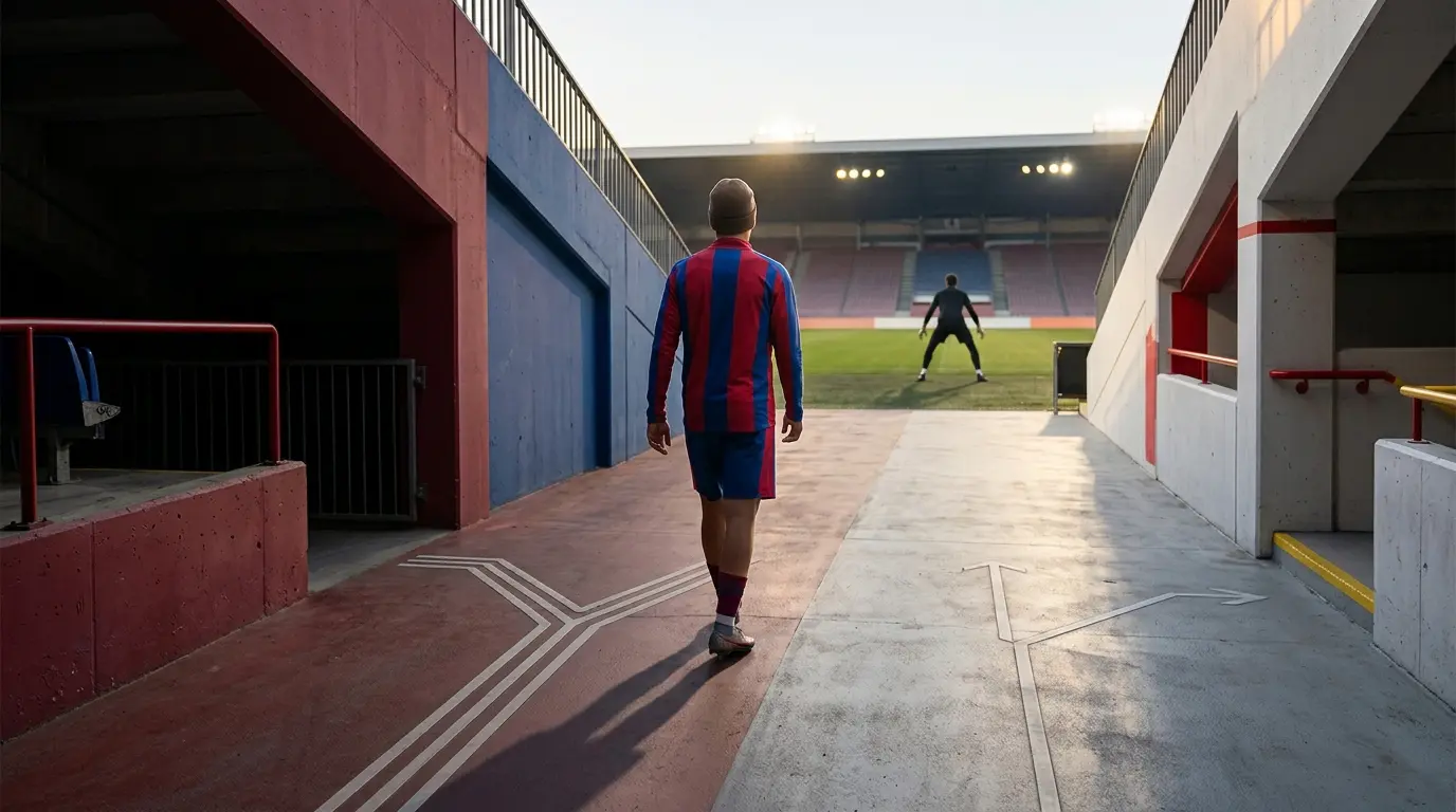 Anonymous young Barcelona left-back walking toward a new Ajax chapter in a realistic stadium setting