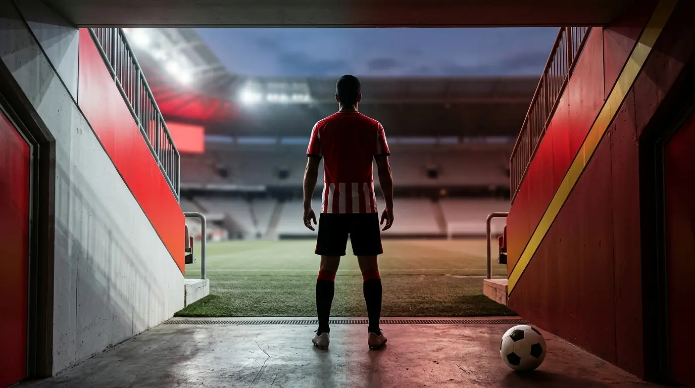 Silhouetted striker at a stadium crossroads representing Julián Álvarez’s Atlético, Barcelona and Arsenal transfer standoff