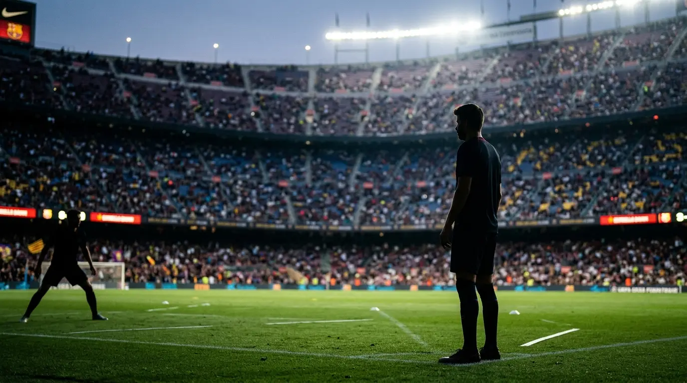 Barcelona striker search represented by a forward on the pitch in a packed stadium