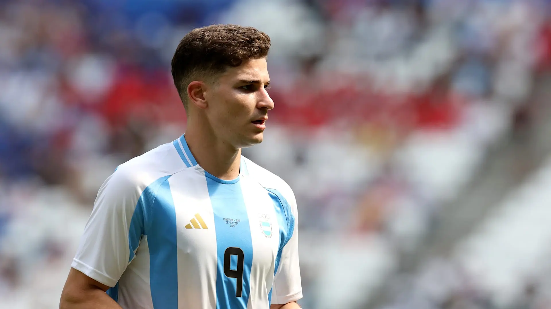 Julian Alvarez wearing the Argentina national team home jersey with number 9