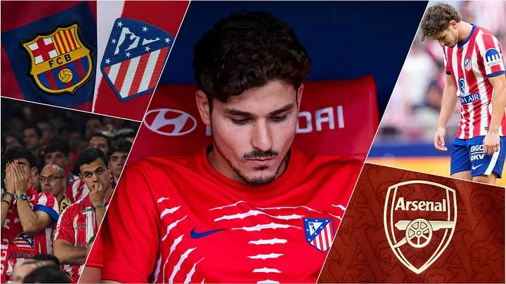 Collage featuring Julian Alvarez in an Atletico Madrid kit alongside club logos and match imagery