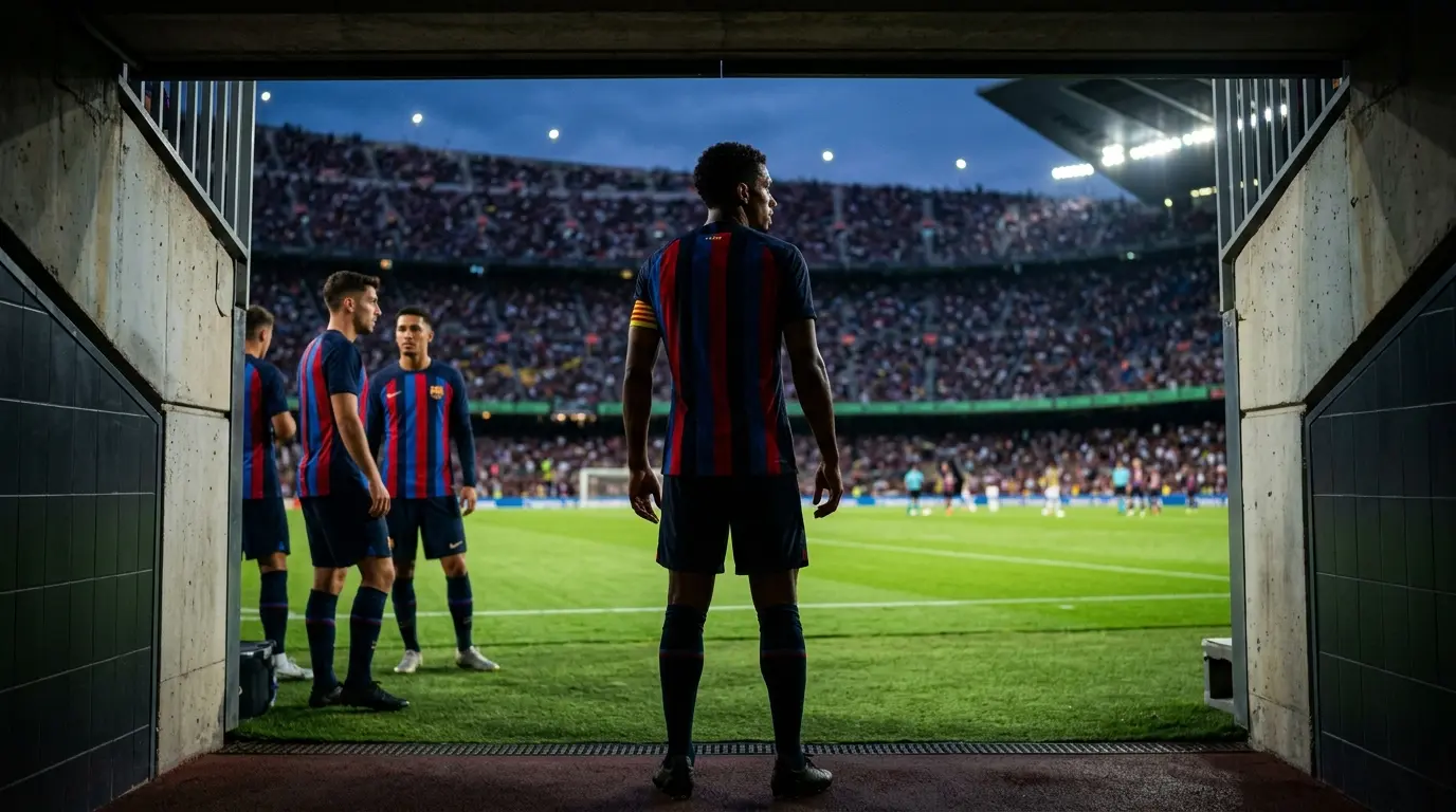 Barcelona-inspired captain wearing an armband leads teammates onto a floodlit stadium pitch