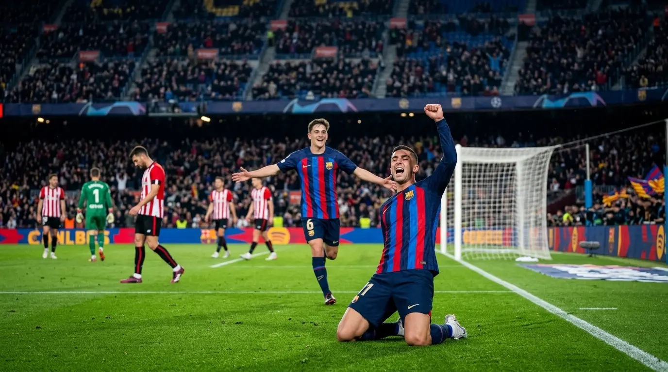 Barcelona players celebrate a decisive home win over Athletic Club at Camp Nou
