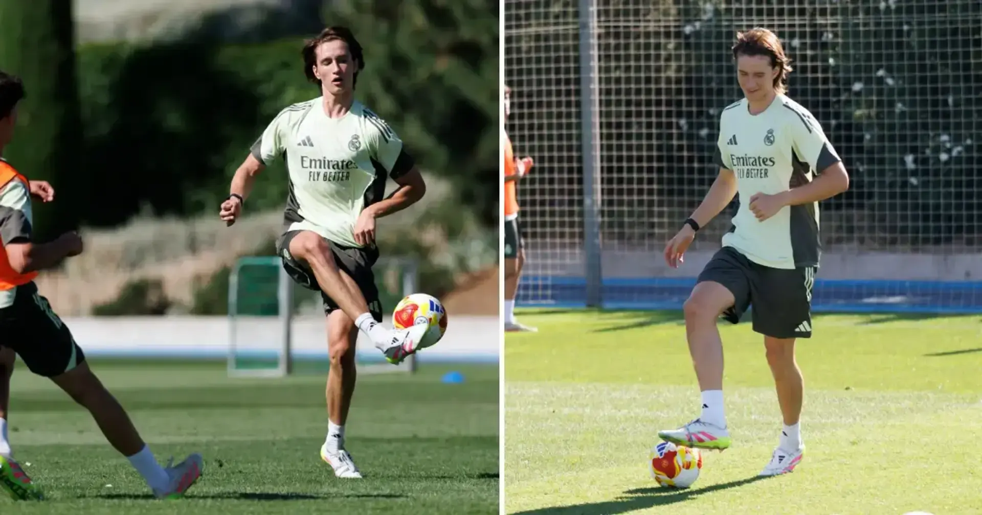 Real Madrid player in training gear practicing ball control on a green grass pitch.