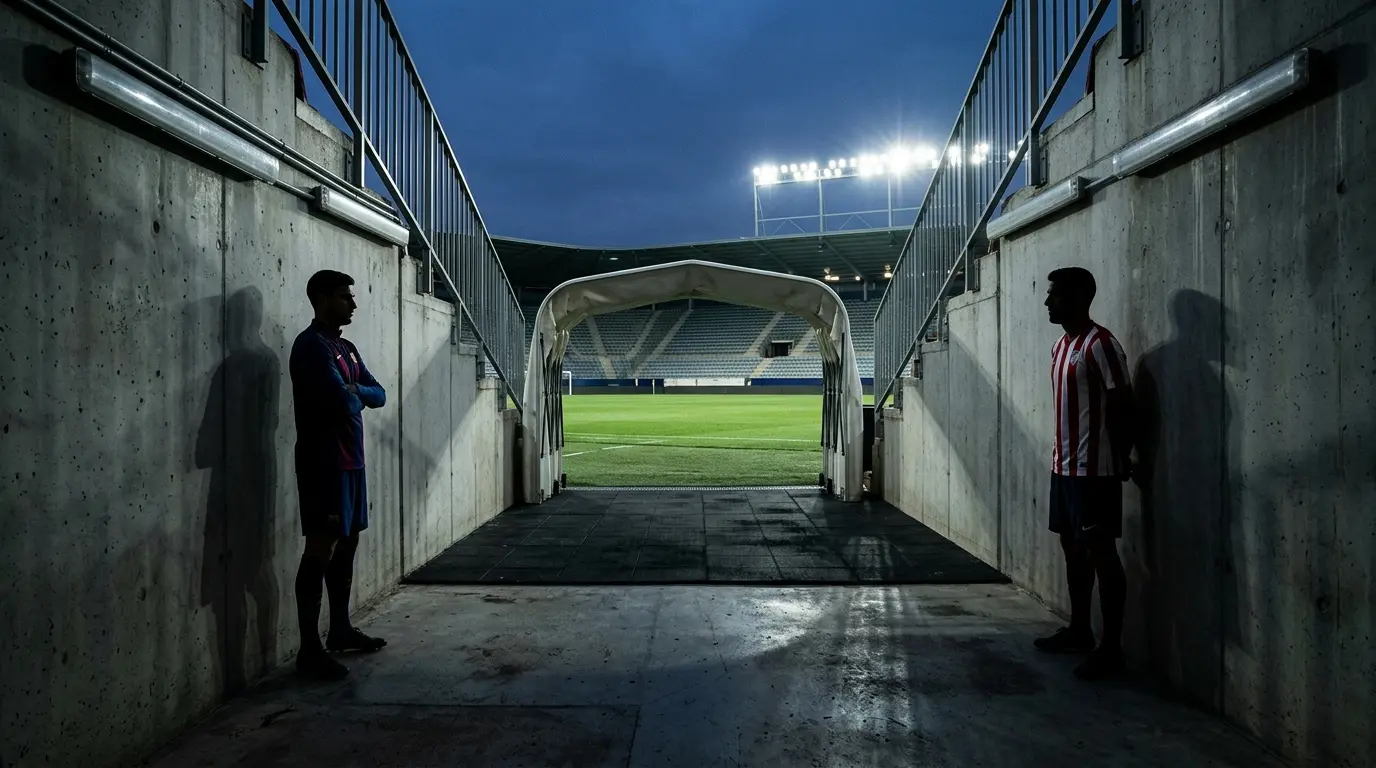 Anonymous footballers separated in a stadium tunnel, symbolising tension between Barcelona and Atlético Madrid