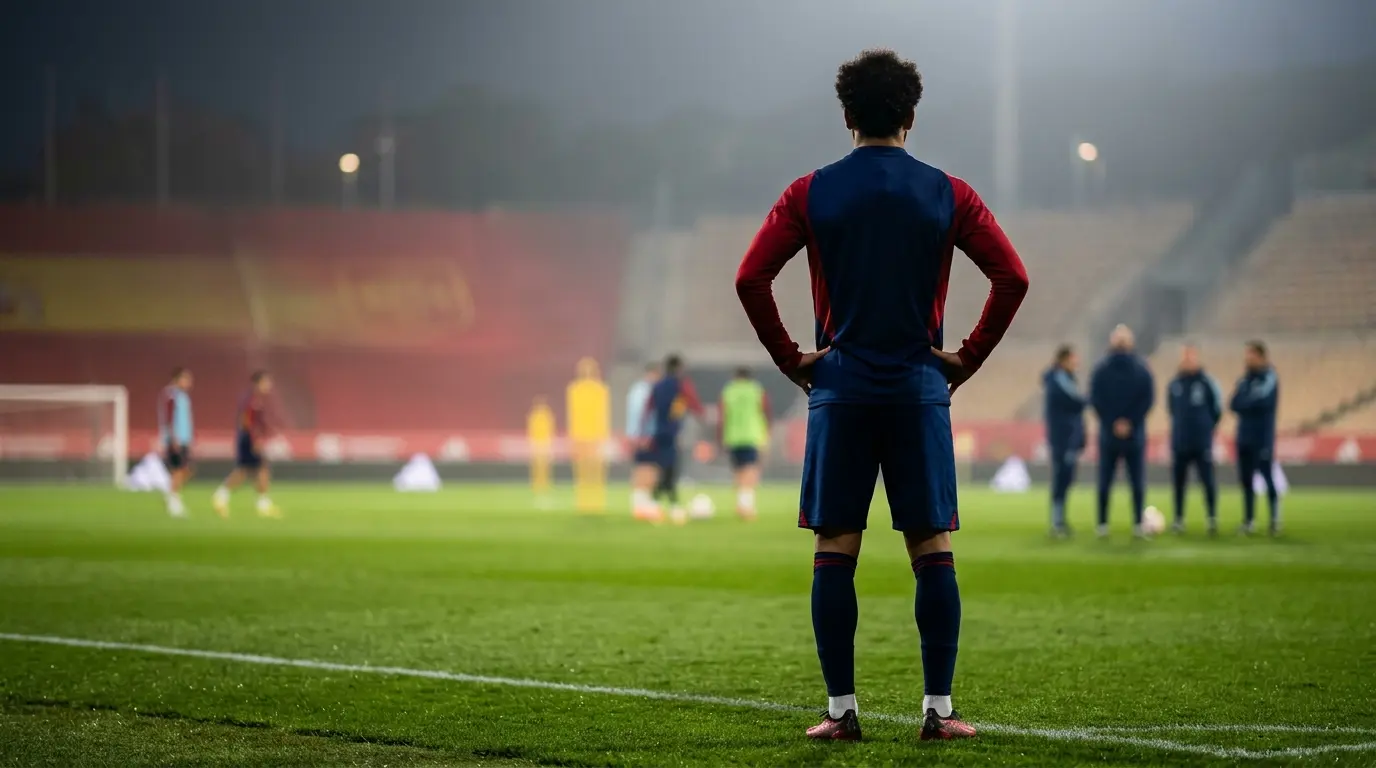 Young Barcelona academy forward silhouette on a floodlit training pitch during a contract renewal story