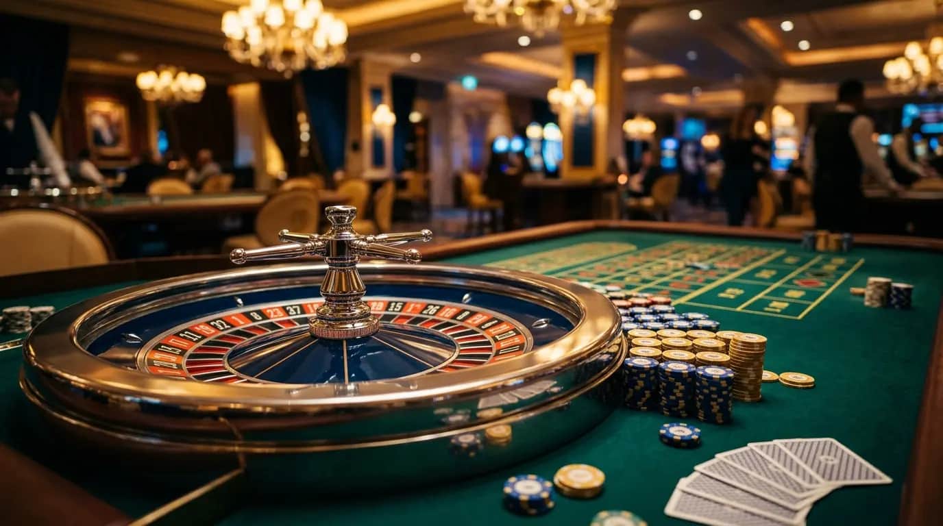 New online casino Greece 2026 — roulette wheel and casino chips on green felt table