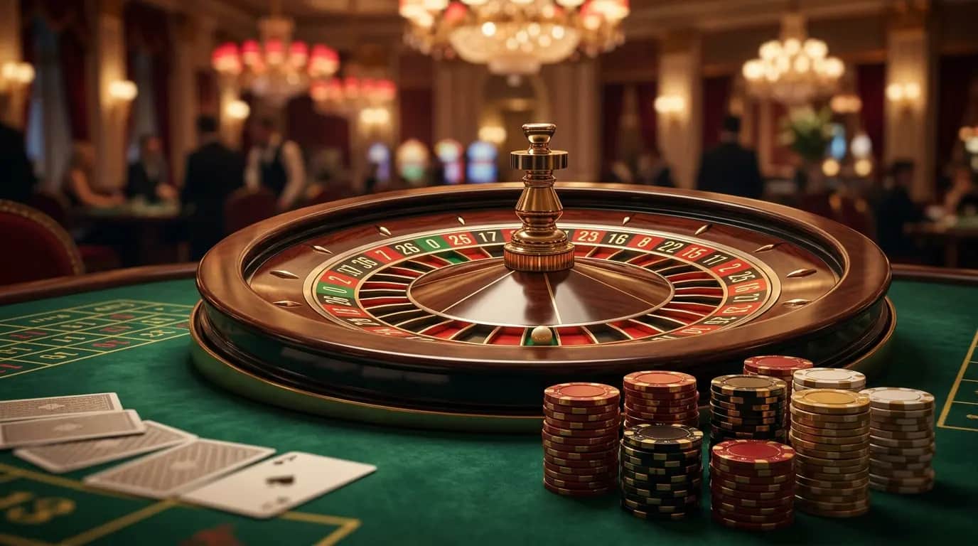 Gleaming roulette wheel with stacked red, gold and black casino chips on green felt, cinematic casino lighting
