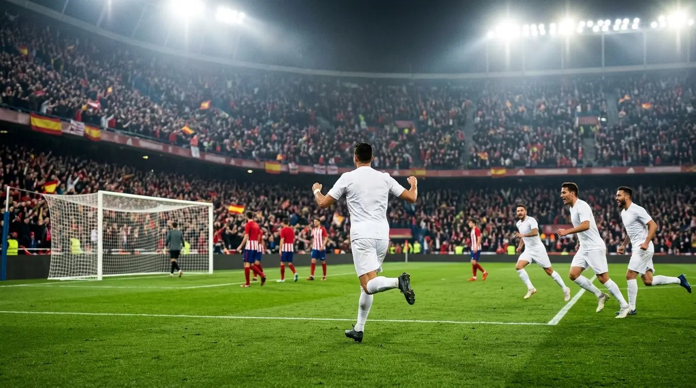 Anonymous Real Madrid-inspired players celebrate a late goal against red-and-white opponents in a tense football match