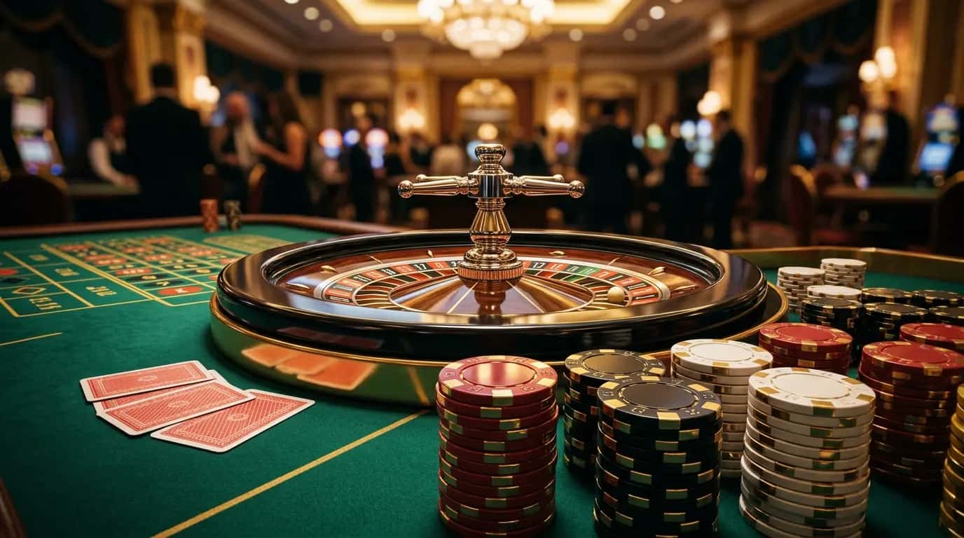 Gold roulette wheel with stacked casino chips on green felt — Greek online casino toplist 2026