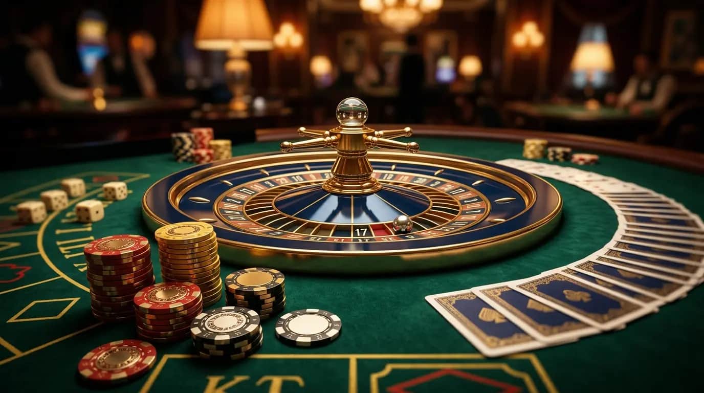 Gold roulette wheel with stacked red and black casino chips on green velvet felt — best online casinos for Greek players