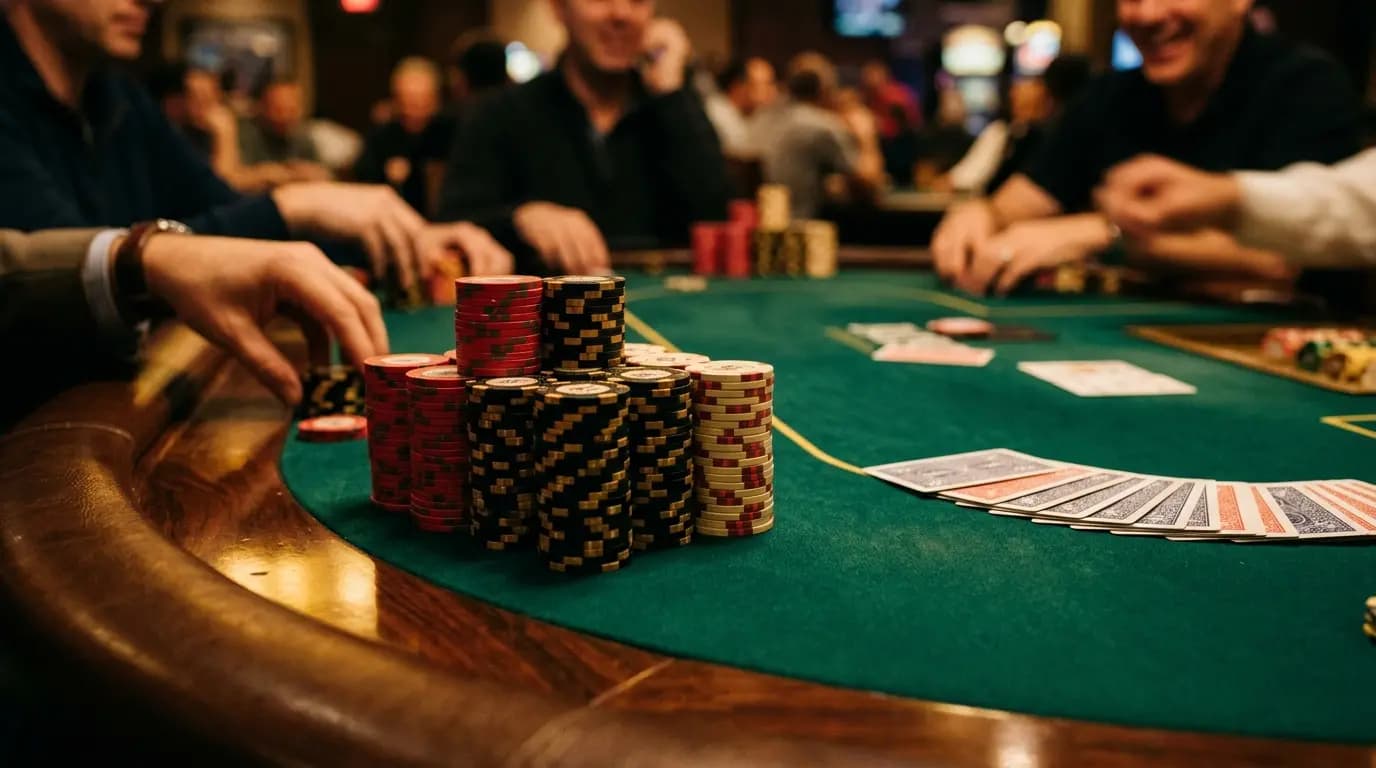 Stacked poker chips and face-down cards on a green felt poker table with cinematic casino lighting.