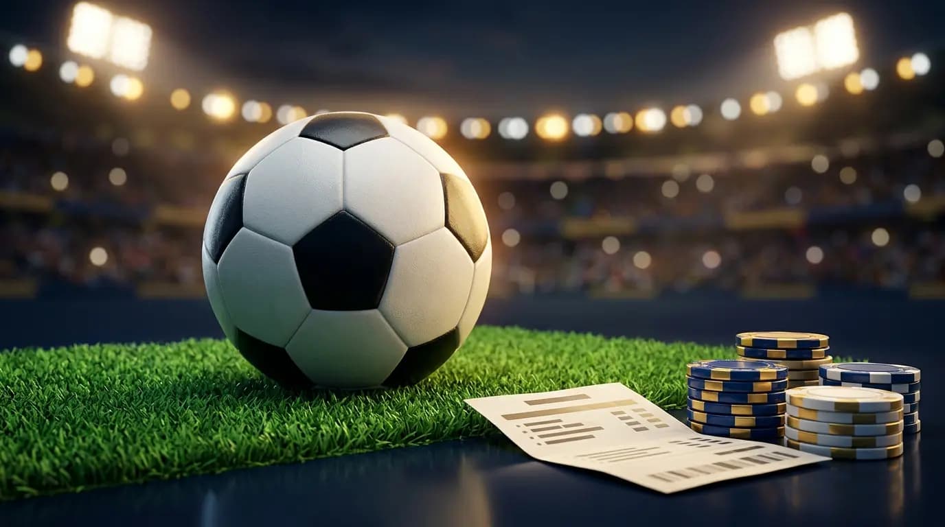 Football on green pitch with stacked betting chips and stadium bokeh — top licensed Greek betting companies 2026
