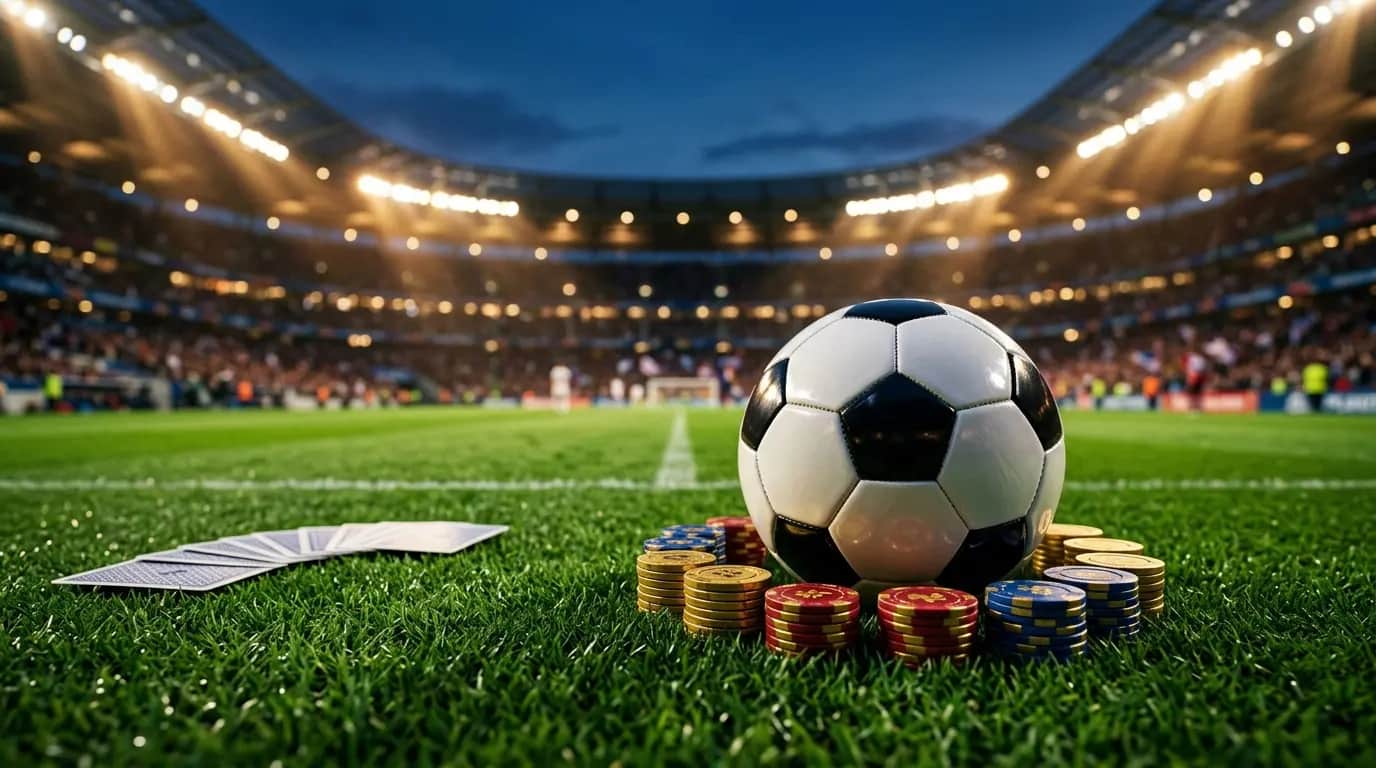 Football on stadium turf surrounded by gold and red casino chips under cinematic floodlights — foreign bookmakers for Greek players 2026